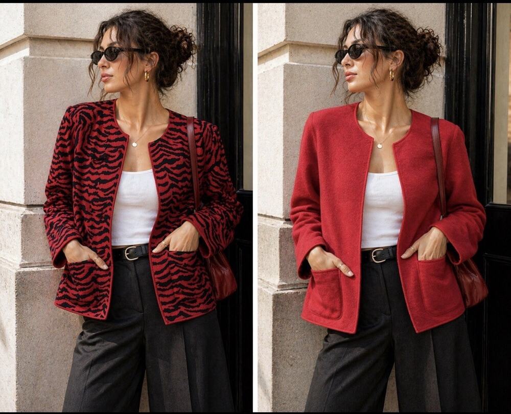 Vintage Zebra Print Boiled Wool Jacket Red Black Boxy Reversible Statement Coat